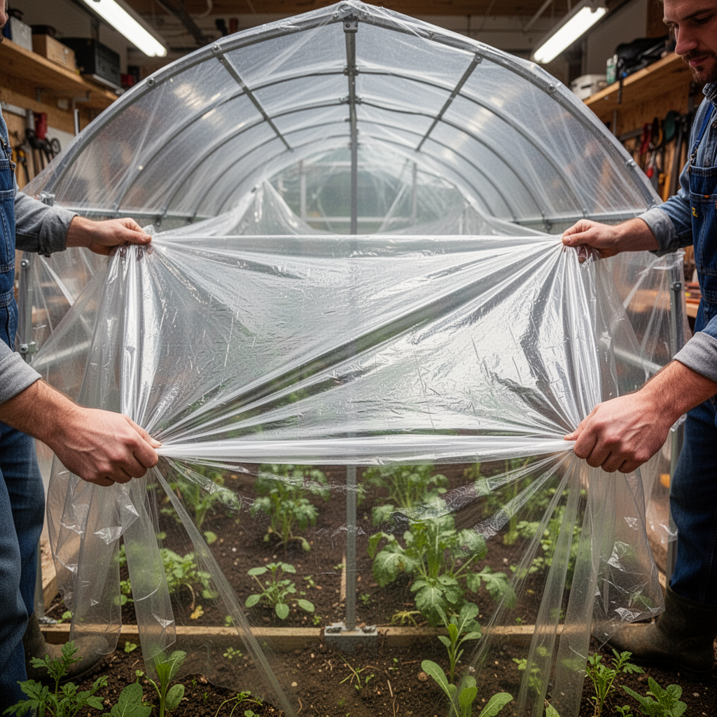 Wide-angle shot showing a large, clear sheet of greenhouse plastic being pulled evenly over a semi-circular greenhouse frame by two gardeners.