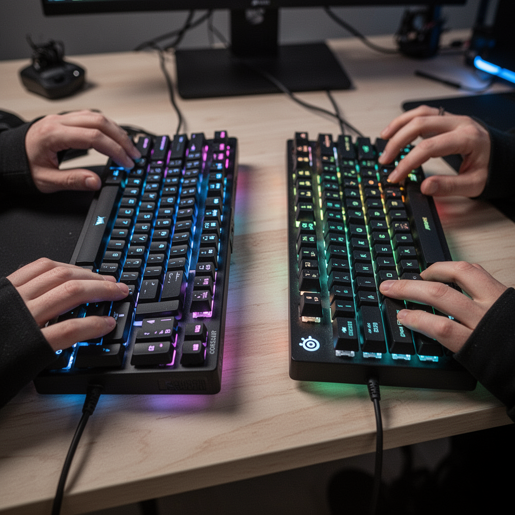 A high-end, professional studio photograph showing the Corsair K70 RGB PRO on the left and the SteelSeries Apex Pro on the right on a clean, minimalist wooden desk setup with subtle RGB lighting glowing under both keyboards, captured with a 50mm lens, sharp focus on key textures.