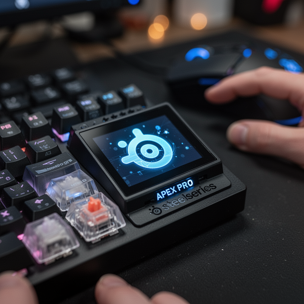 Close-up macro shot of the SteelSeries Apex Pro OLED screen displaying a custom animated logo, with the OmniPoint switch visible under a translucent keycap, soft bokeh background with a gaming mouse nearby.