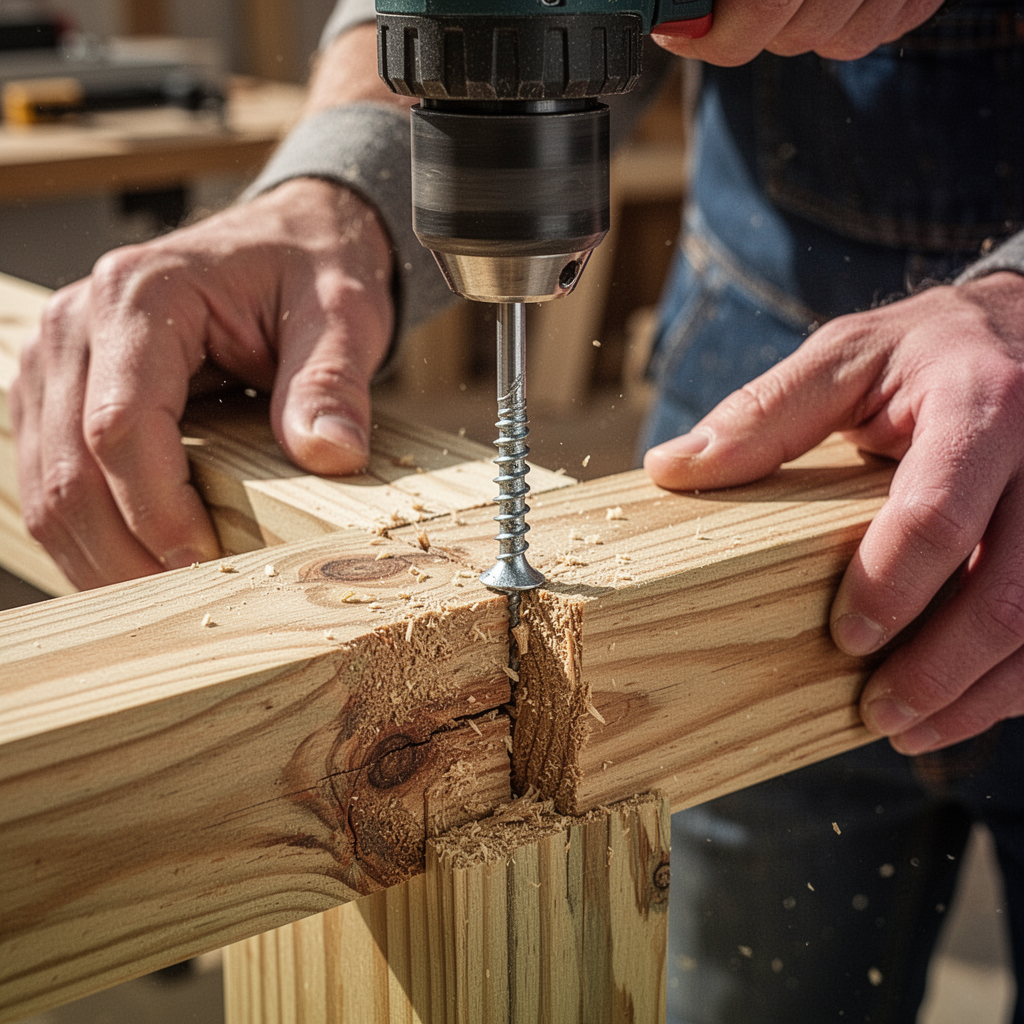 A close-up shot of a drill driving a deck screw into a cedar wood joint, showing the raw texture of the wood, sharp focus, bright natural lighting.