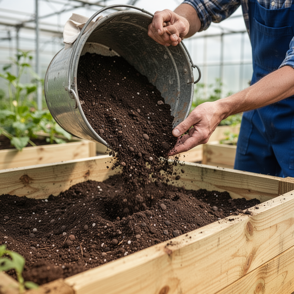 A gardener pouring high-quality dark potting mix into a wooden raised bed, close-up shot showing the rich texture of the soil, bright greenhouse lighting.