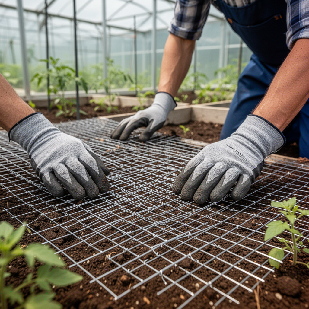 Close-up of a gardener laying out stainless steel hardware cloth on soil inside a greenhouse, hands wearing gloves visible, crisp focus.