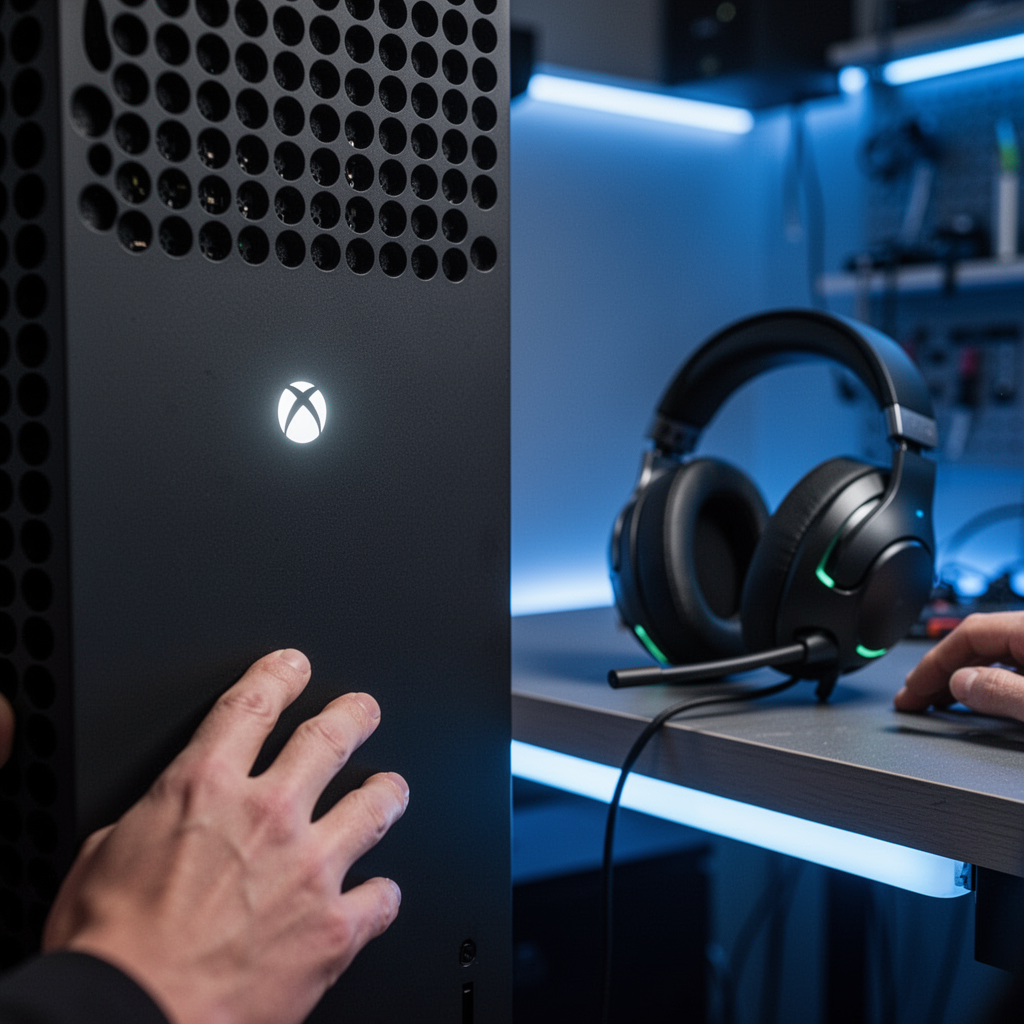 A professional, high-resolution close-up shot of an Xbox Series X console power button glowing soft white, with a sleek gaming headset sitting on a nearby desk, side-lit with cool blue LED ambient light.