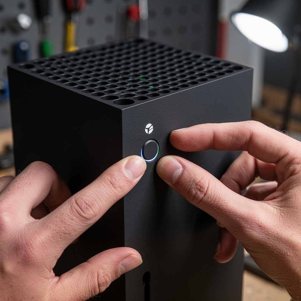 Close-up of the front panel of an Xbox Series X console, focusing on the small circular wireless pairing button being pressed, with professional studio lighting.