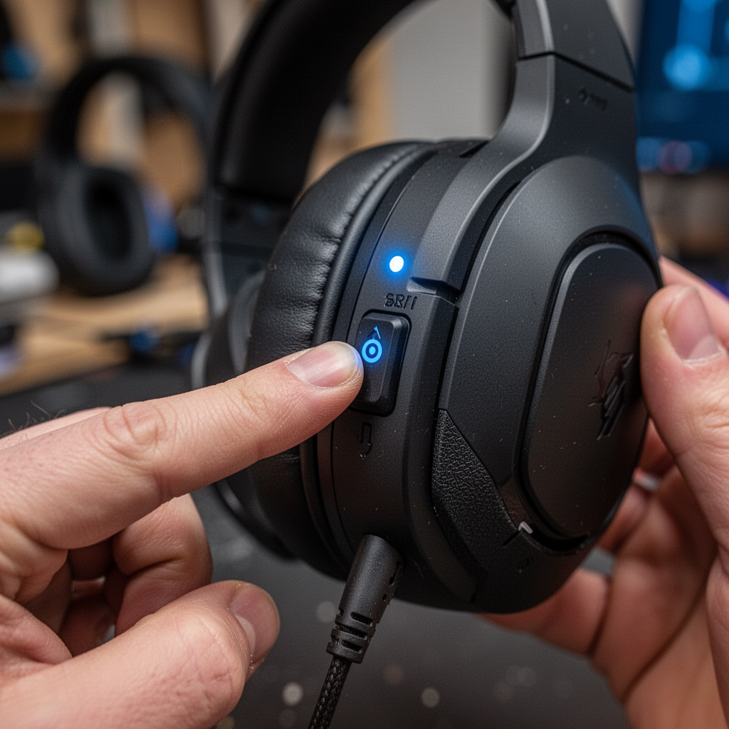 Macro photograph of a gamer's finger pressing a dedicated pairing button on the side of a matte black gaming headset, with a small blue LED status light flashing, shallow depth of field.