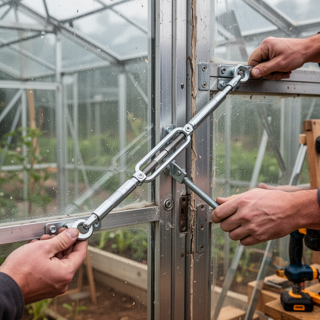 A clear, wide shot of an adjustable metal turnbuckle brace installed diagonally across the interior face of a greenhouse door, pulling the sagging corner back into alignment.