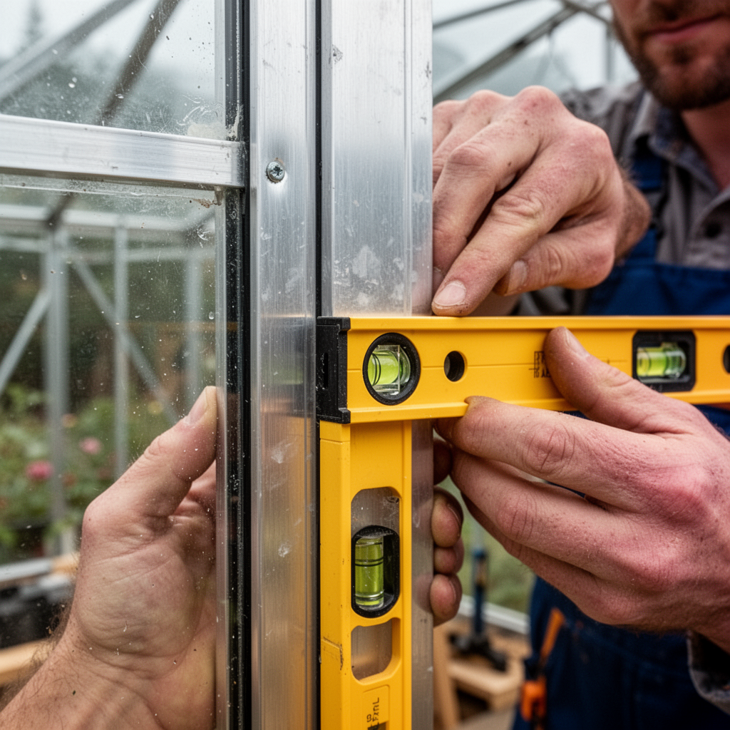 A close-up, professional photograph of a bright yellow spirit level being held against the side of an aluminum greenhouse door frame, showing a bubble off-center to demonstrate a non-plumb surface.