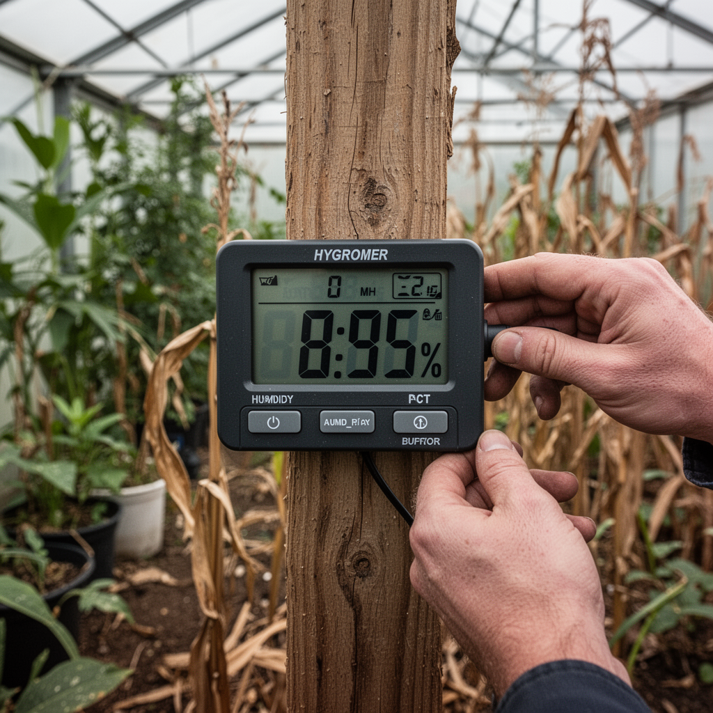 A close-up, high-detail macro shot of a digital greenhouse hygrometer mounted on a wooden post, showing clear humidity percentage digits in a lush but dry-looking greenhouse environment.