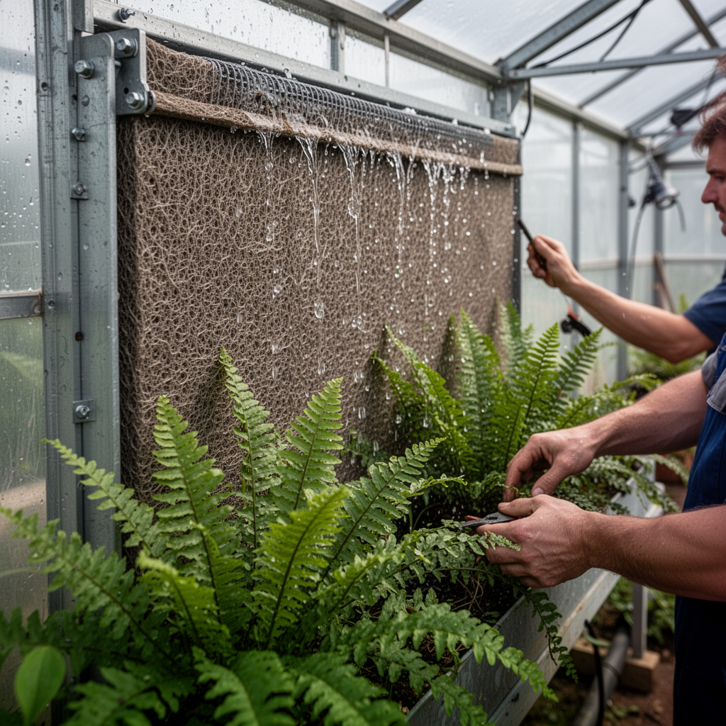 A technical, realistic photograph of a cellulose evaporative cooling pad installed on a greenhouse wall with water trickling down, lush ferns growing immediately in front of the pad.