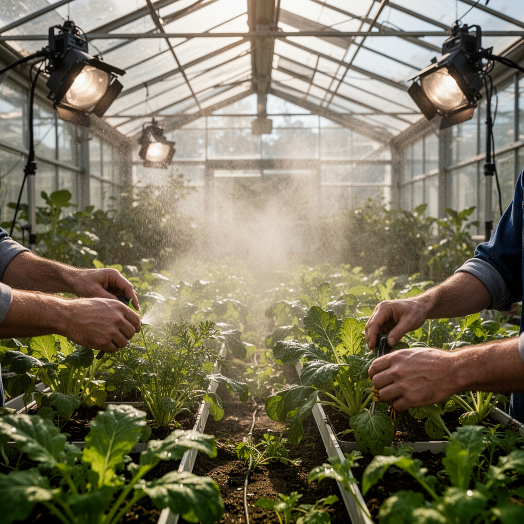 An ultra-realistic wide-angle shot of a greenhouse interior with fine, misty water vapor floating in the air, catching the sunlight, showing healthy green plants thriving underneath.