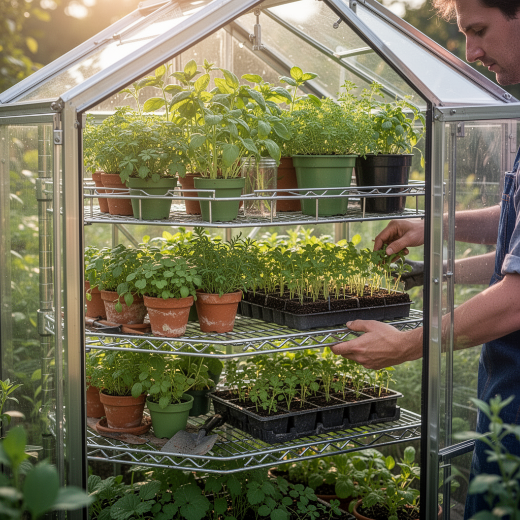 A professional, ultra-realistic close-up photo of a 4-tier wire greenhouse shelf inside a small glass greenhouse, filled with vibrant green herb pots and seed trays, soft natural sunlight streaming through, 8k resolution, garden aesthetic.