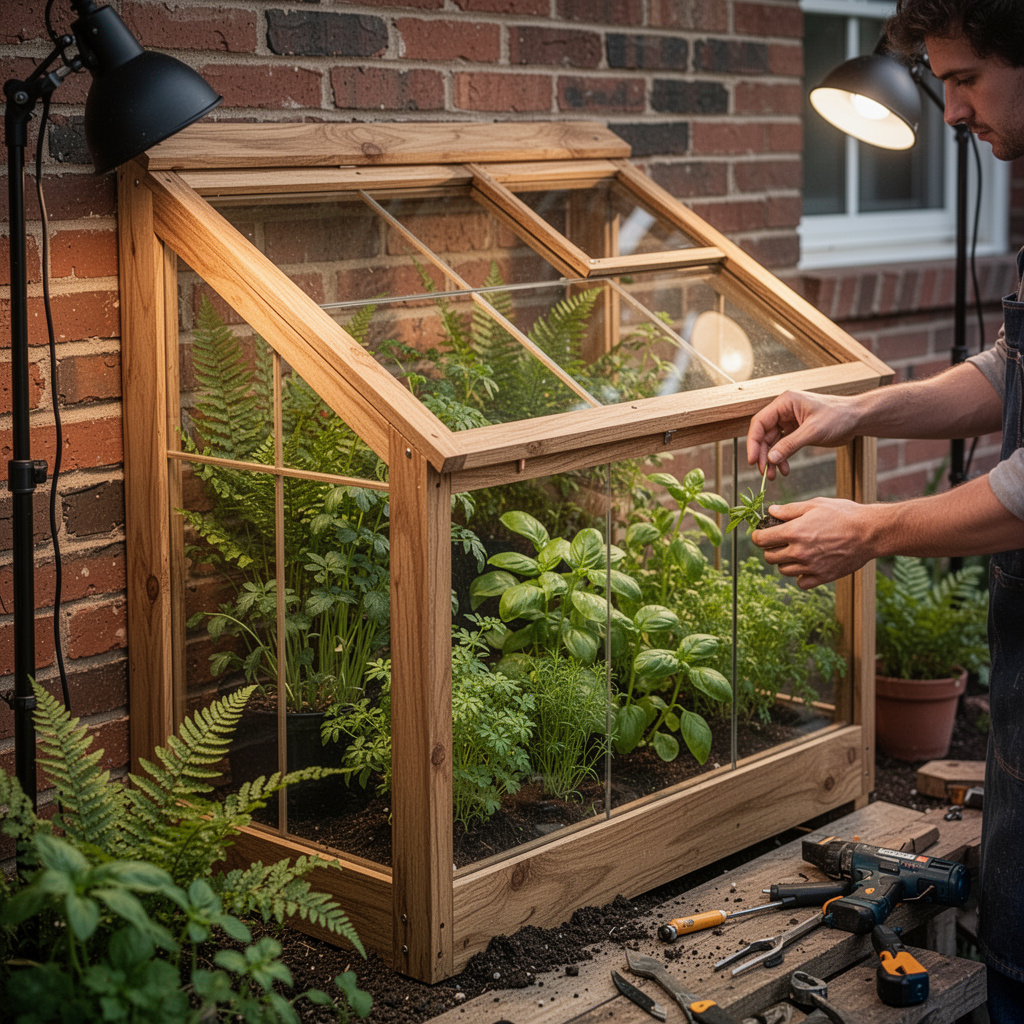 A small wooden and glass lean-to greenhouse attached to a house brick wall, filled with lush green herbs and ferns, warm aesthetic.