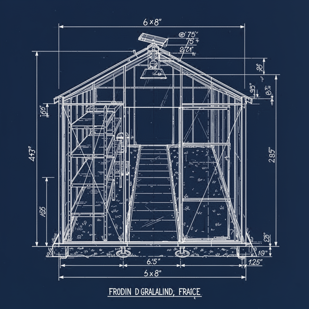 Technical blueprint diagram showing a 6x8 foot hobby greenhouse layout, including shelving on one side, a central pathway, a roof vent mechanism, and ground-anchoring points.