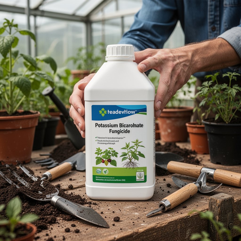 A professional-looking bottle of potassium bicarbonate fungicide sitting on a potting bench, surrounded by greenhouse gardening tools.