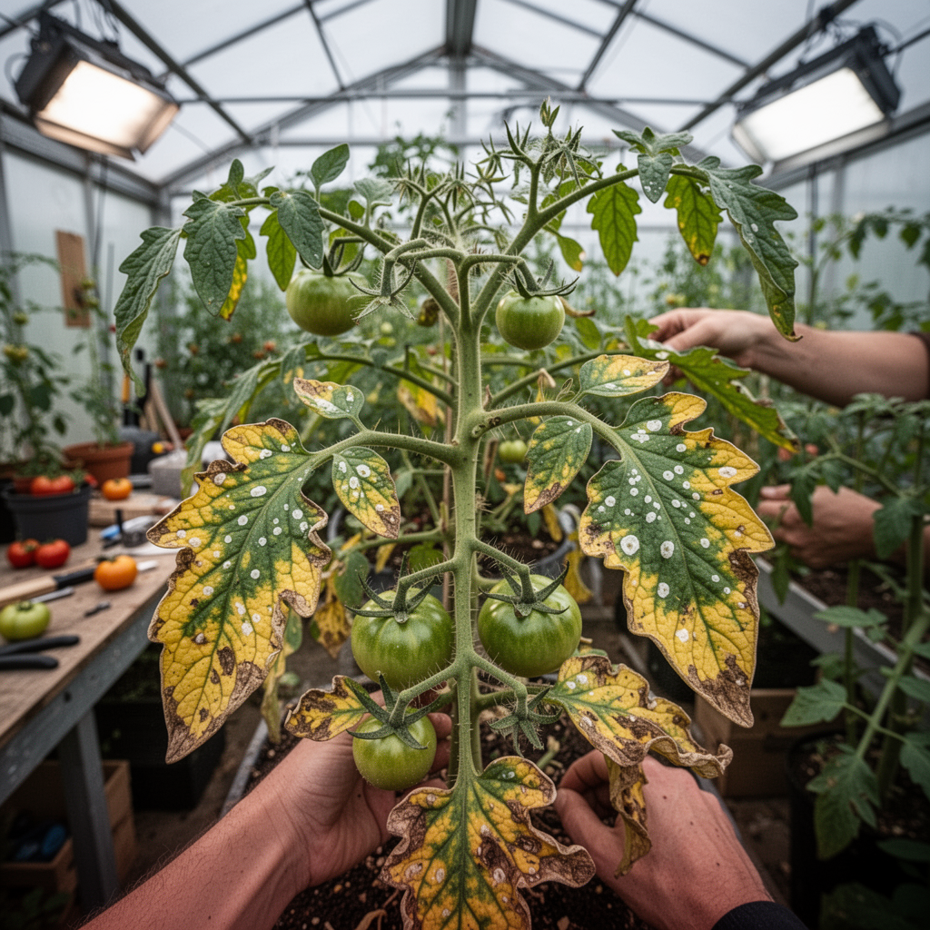 A wide-angle shot of a greenhouse tomato plant with yellowing leaves and visible white patches, showing signs of stress.