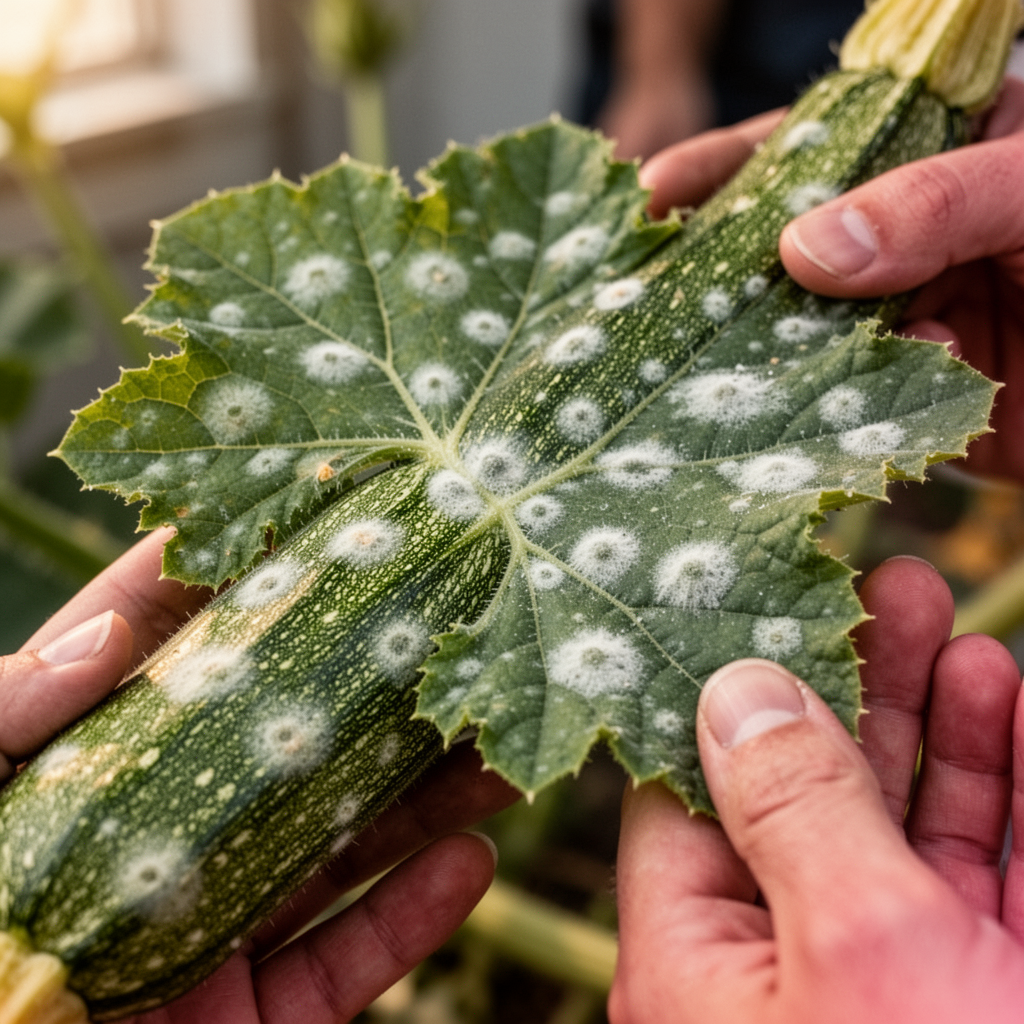 Close-up, macro photography of a green zucchini leaf with white, circular powdery mildew spots, sharp focus, natural morning light.