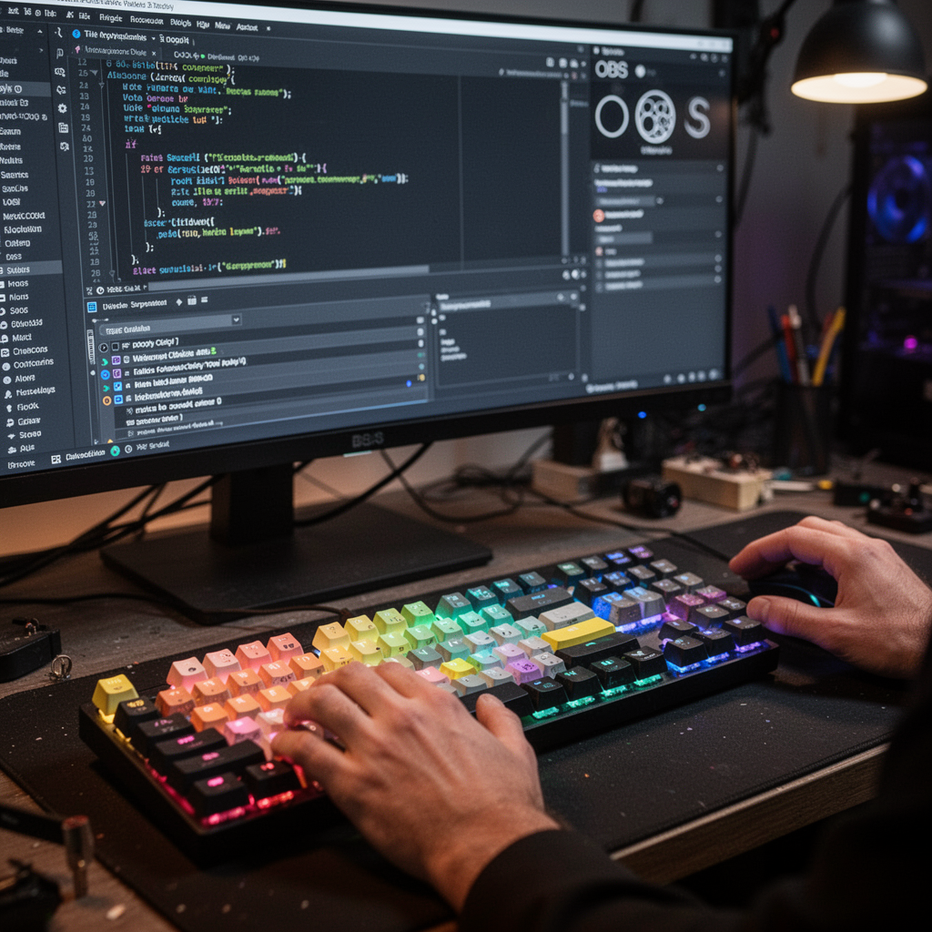 A detailed close-up of a programmer's desk, focusing on a mechanical keyboard with colorful keycaps, with a glowing monitor showing a script editor and OBS Studio settings.