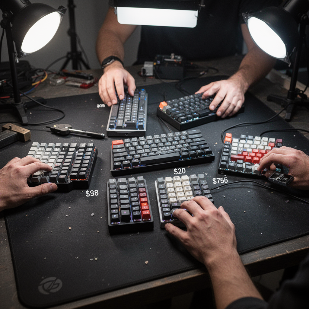 A professional product photography studio setup displaying three different mechanical keyboards of varying price points, neatly arranged on a dark desk mat.