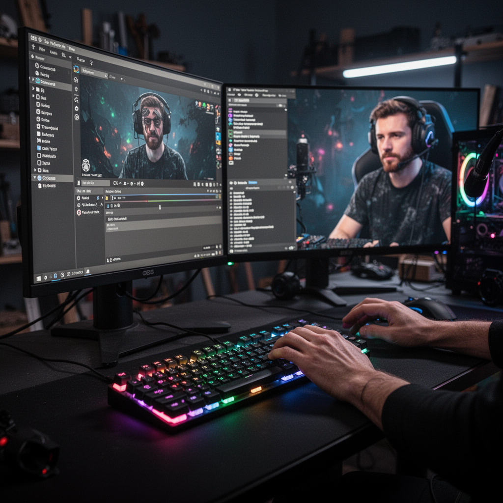 A wide shot of a streamer’s desk setup at night, with RGB lighting reflecting off the keyboard, showing the streamer in the background looking at a multi-monitor setup with OBS active.