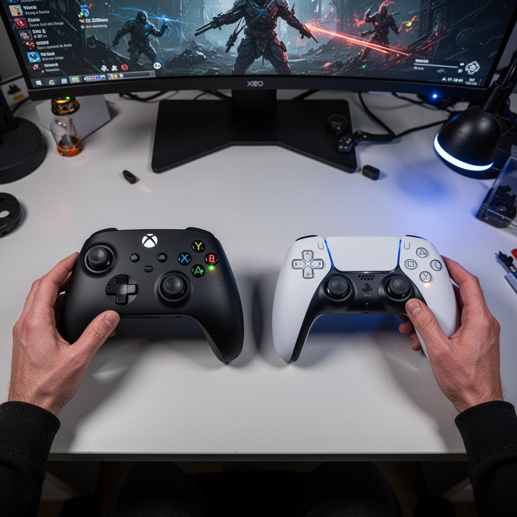 A high-resolution top-down photograph showing an Xbox Series X controller and a PlayStation DualSense controller sitting on a clean desk, with LED indicators blinking, high-contrast gaming setup background.