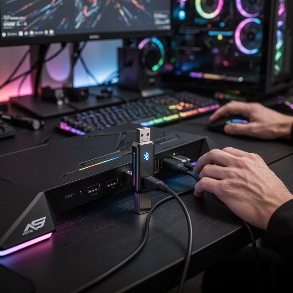 A professional, dark-themed PC gaming desk setup with a visible, high-end Bluetooth USB dongle plugged into the front port, with soft RGB ambient lighting, sharp focus.