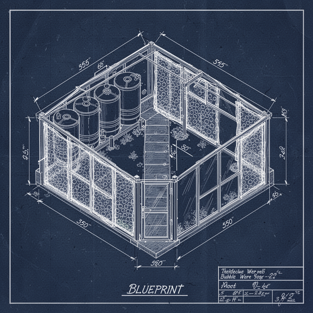 Blueprint diagram showing the technical layout of a small greenhouse including thermal water barrels against the north wall, bubble wrap insulation on glass panels, and a central pathway, top-down and isometric view.