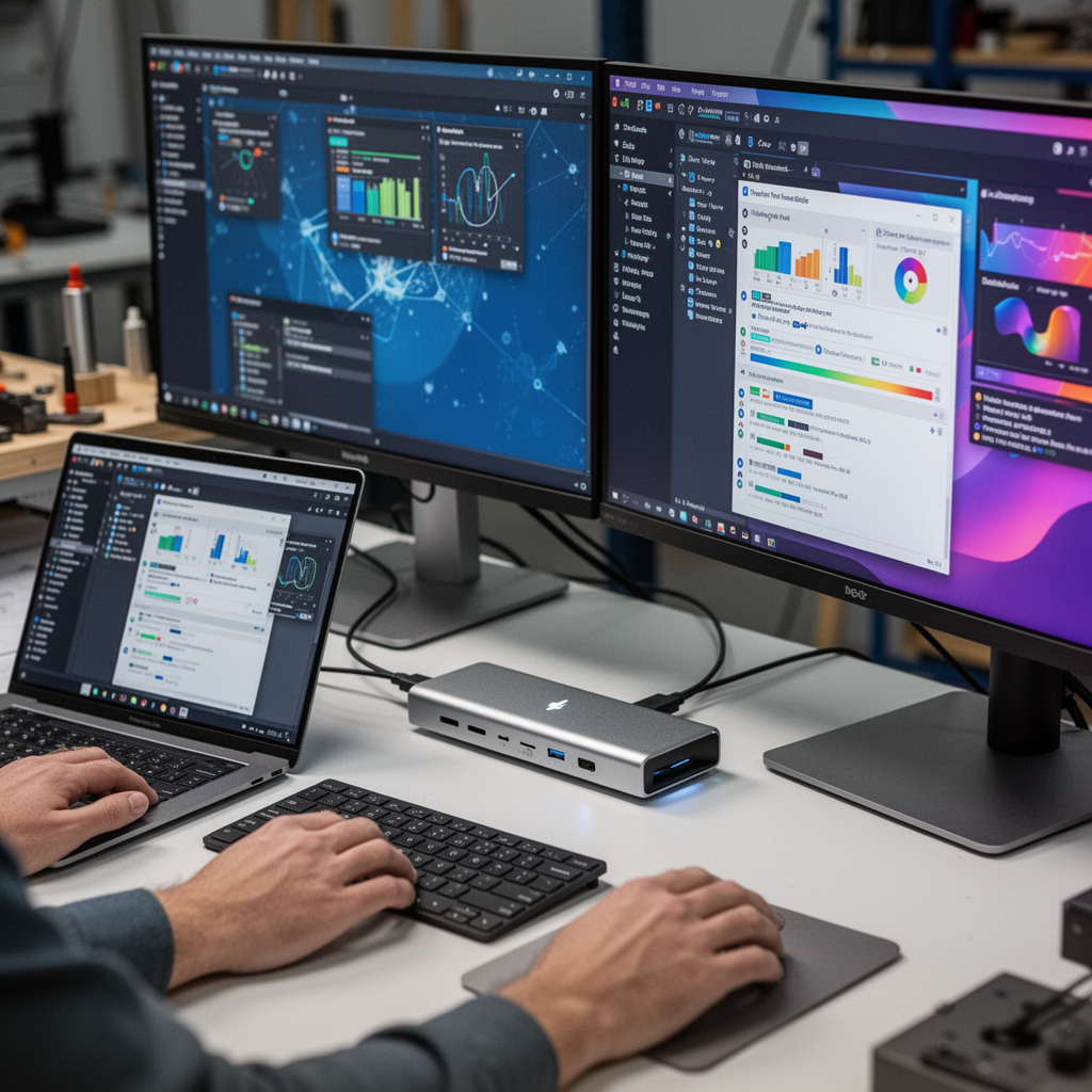 A close-up, high-quality shot of a modern, clean desk setup showing a laptop connected to a sleek, metallic Thunderbolt 4 docking station, with two vibrant 4K monitors side-by-side displaying a productivity workflow.