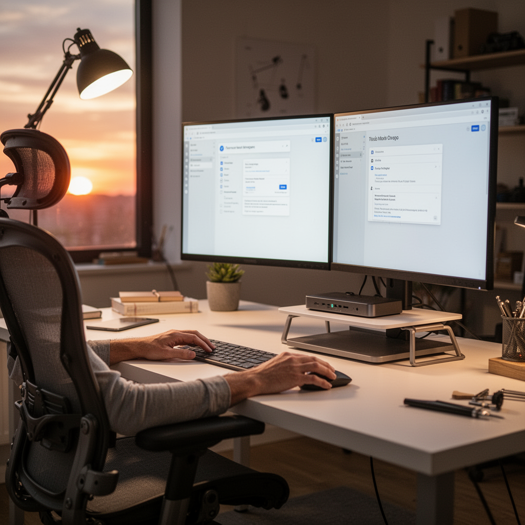 A professional, warm-lit home office space at sunset. The desk is minimalist with an ergonomic chair, a dual-monitor setup glowing with a soft, clean interface, and a docking station neatly tucked under a monitor riser.