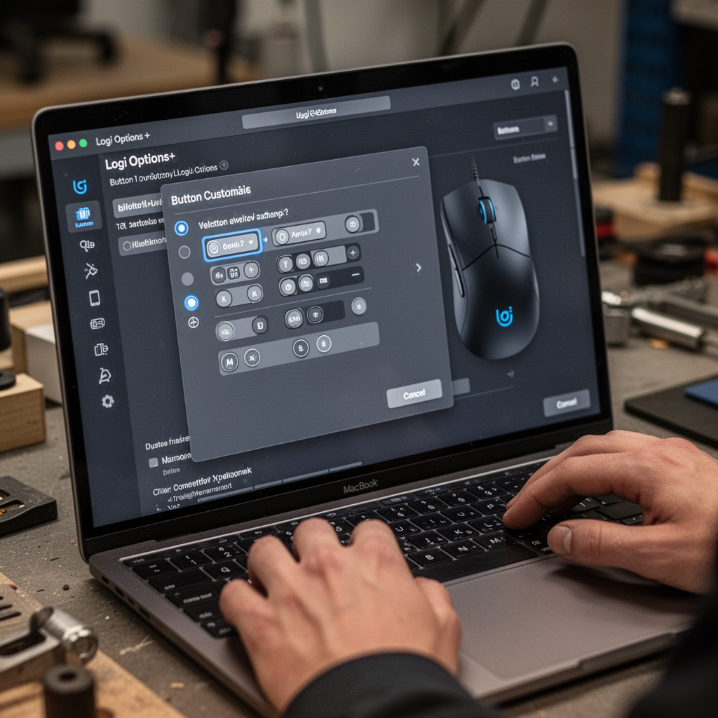 A screenshot overlay demonstrating the Logi Options+ software interface on a MacBook screen, showing the button customization menu for a mouse.