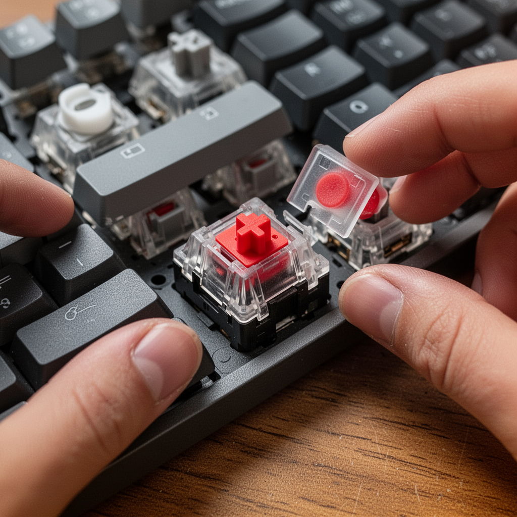 A macro, high-resolution top-down shot of a mechanical keyboard switch assembly on a wooden desk, with a translucent silent red switch partially removed to show the internal dampening rubber pads.