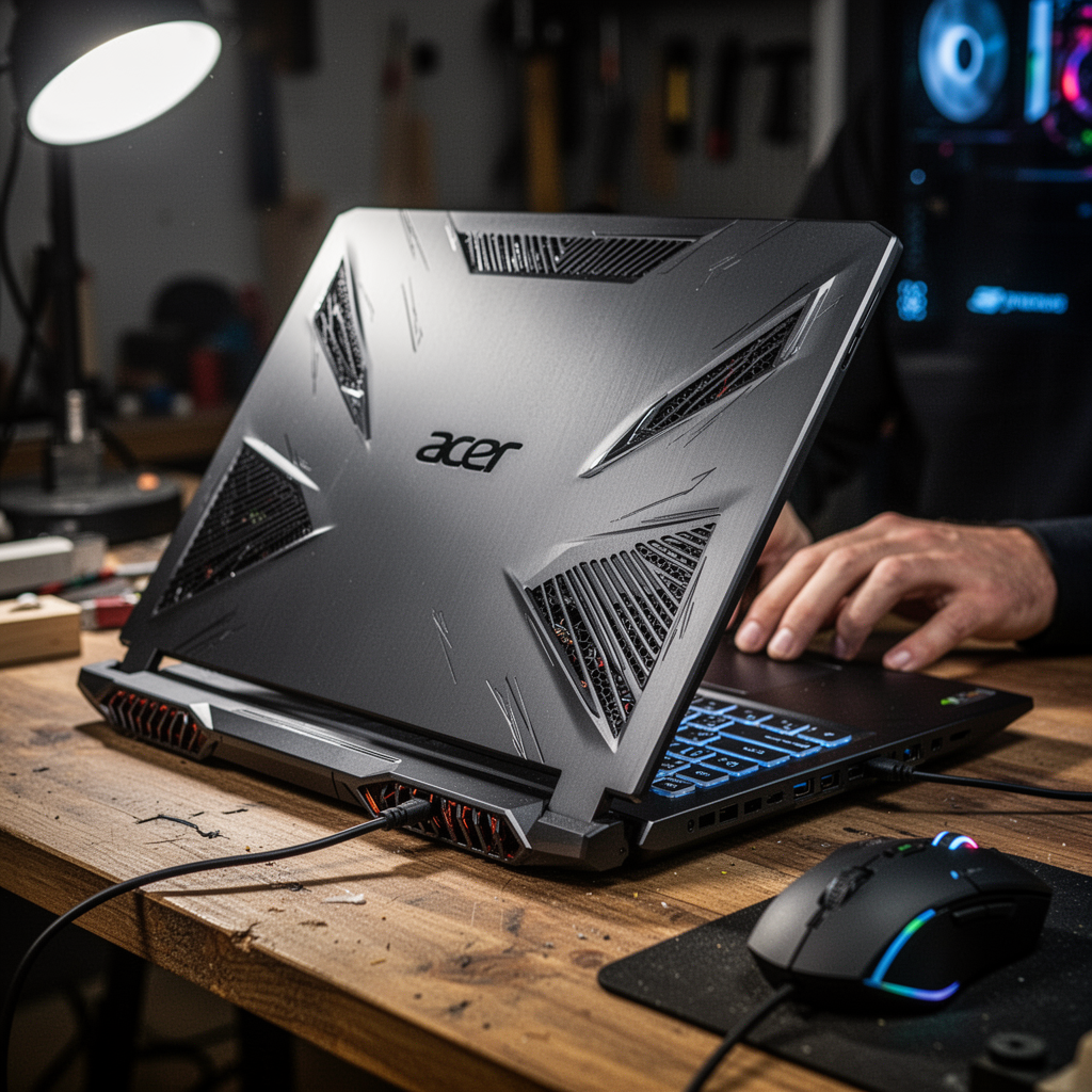 A side-angle shot of an Acer Nitro V gaming laptop, metallic chassis, aggressive air vents, high-contrast lighting, set on a wooden desk with a gaming mouse, cinematic lighting, 8k, hyper-realistic.