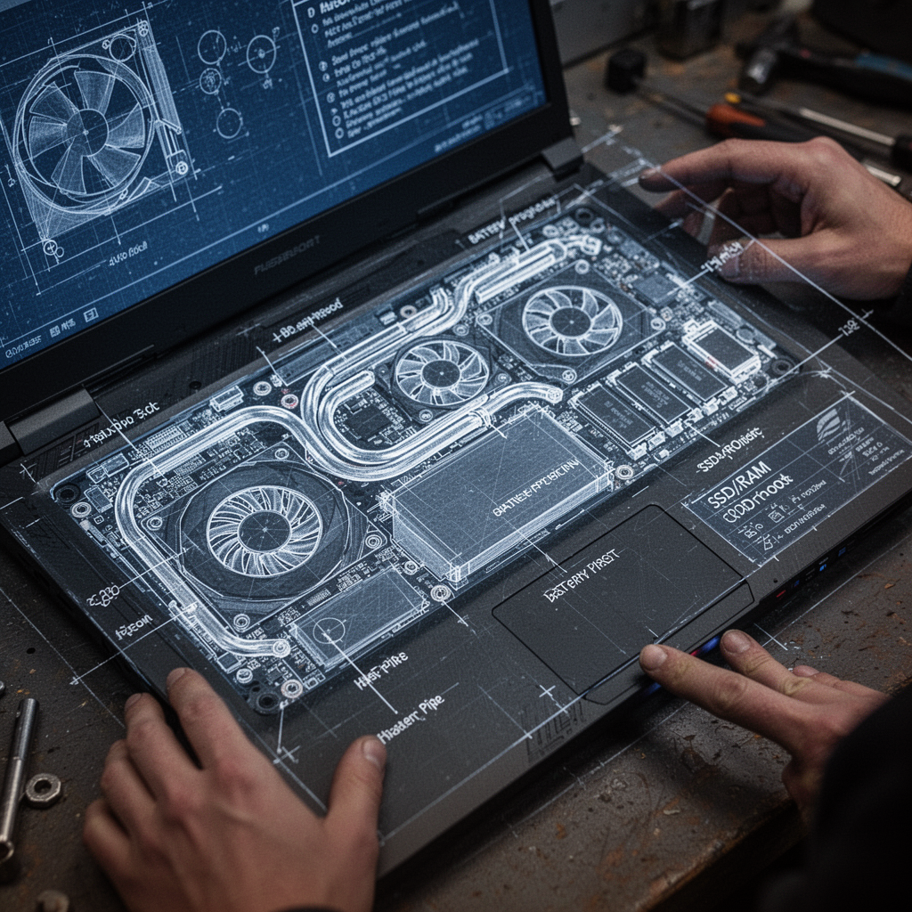 Blueprint diagram showing the technical layout of the project, including internal components like the heat pipes, cooling fans, battery position, and SSD/RAM slots of a standard gaming laptop, high-contrast white on blue technical drawing style.