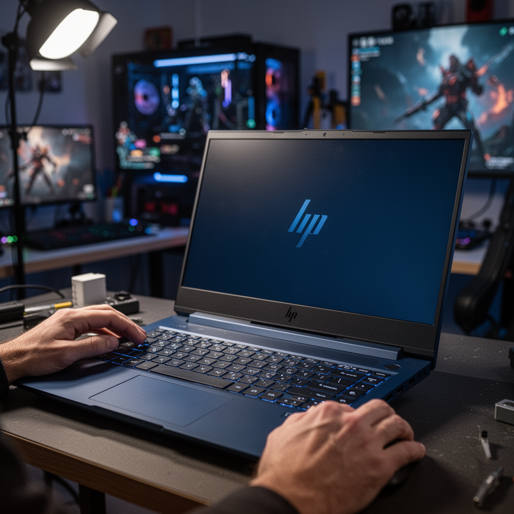 HP Victus 15 gaming laptop, deep blue color, minimalist design, focused lighting on the keyboard, blurred gaming room background, 8k, professional photography.